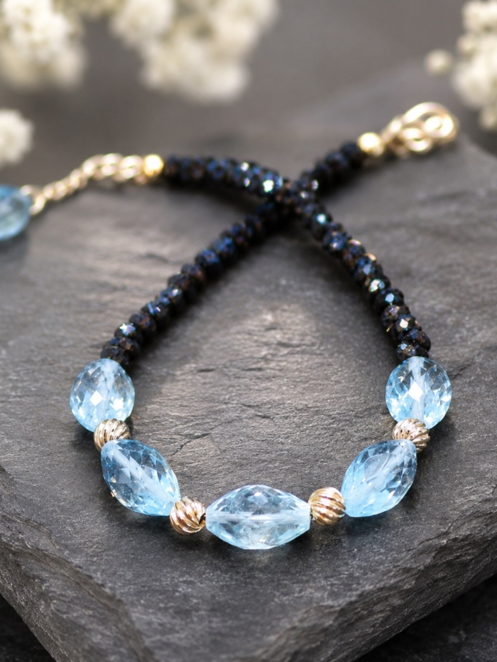 New Handcrafted Natural Spinel | Sky Blue Topaz Bracelet Solid 14K Yellow Gold